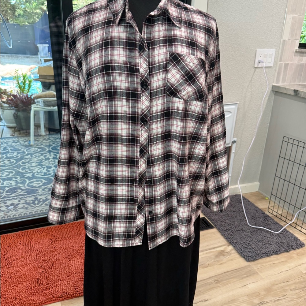 Plaid  Women’s Shirt - Black and White and Rose with embroidered sleeves #sh0078